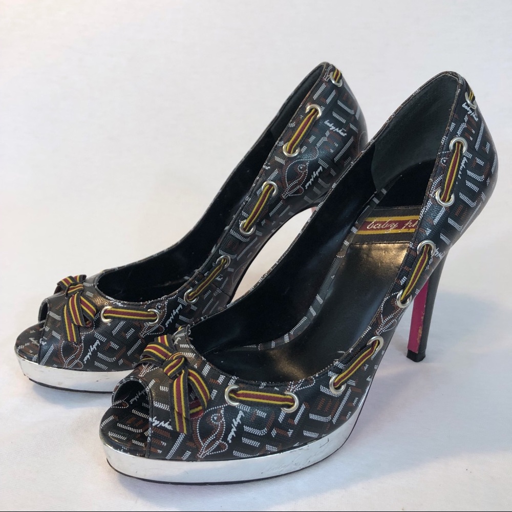 Baby Phat black white peep toe bow pink heels 6B